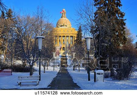 Stock Photo - winter horozontal landscape walkway leading in building edmonton. Fotosearch