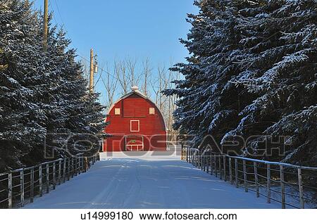 Winter Red Barn Stands End Snow Covered Fenced Stock Image