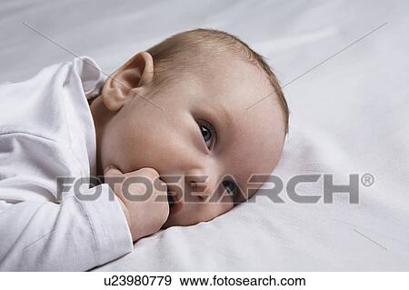 Stock Photo - Baby (1-6 months) lying on front on bed, portrait. Fotosearch