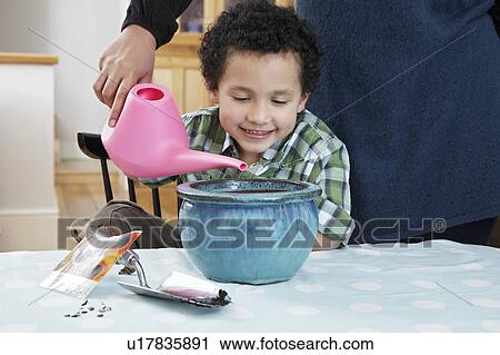Stock Image - Boy (5-6) watching as woman pouring water from watering can into flower pot. Fotosearch