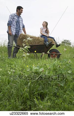 Father pushing daughter (5-6) in wheelbarrow in field View Large Photo Image Stock Photography - Father pushing daughter (5-6) in wheelbarrow in field. Fotosearch