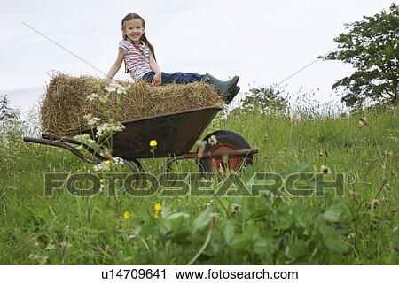Girl (5-6) sitting on hay in wheelbarrow in field, portrait View Large Photo Image Stock Image - Girl (5-6) sitting on hay in wheelbarrow in field, portrait. Fotosearch