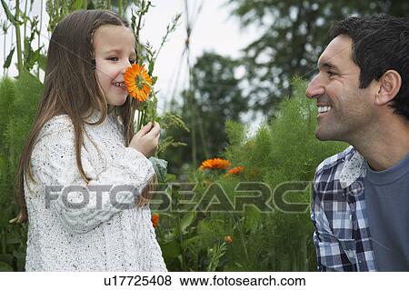Stock Photo - Girl (5-6) smelling flower with father, outdoors. Fotosearch