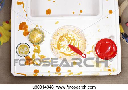 High chair with bowl, spoon, jar and stains of baby food, view from above View Large Photo Image Stock Photo - High chair with bowl, spoon, jar and stains of baby food, view from above . Fotosearch