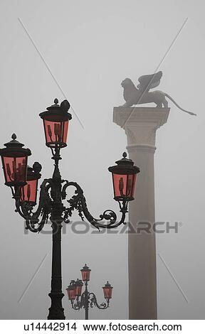 Italy, Venice, Lion of St. Marks and street lights View Large Photo Image Picture - Italy, Venice, Lion of St. Marks and street lights. Fotosearch