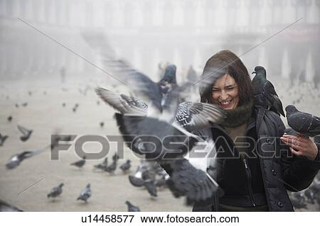 Italy, Venice, pigeons flying towards female tourist View Large Photo Image Stock Photo - Italy, Venice, pigeons flying towards female tourist. Fotosearch