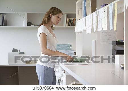 Office worker holding sorting paper materials standing in office, side view View Large Photo Image Picture - Office worker holding sorting paper materials standing in office, side view. Fotosearch