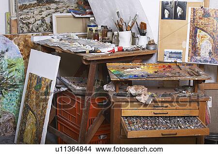 Paints and Canvases in Artist's Studio View Large Photo Image Picture - Paints and Canvases in Artist's Studio. Fotosearch