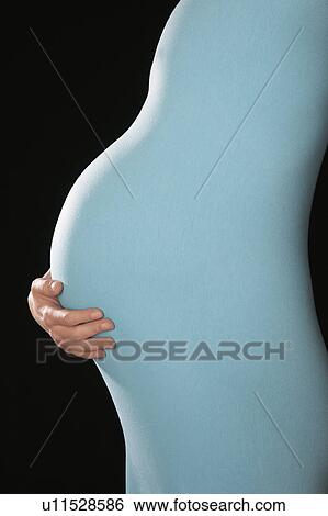 Stock Photograph - Pregnant woman in body suit holding abdomen, mid section, side view, studio shot. Fotosearch