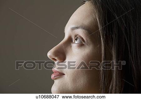 Profile Of Young Woman Looking Up, Studio Shot View Large Photo Image Stock Photo - Profile Of Young Woman Looking Up, Studio Shot. Fotosearch