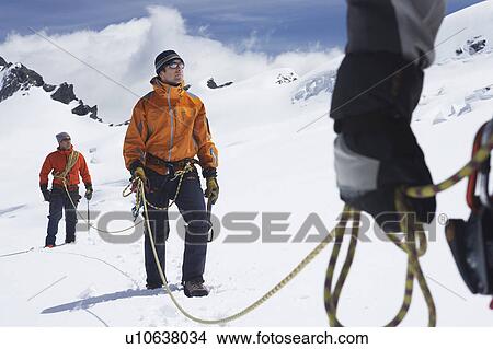 Three hikers joined by safety line in snowy mountains, mid section on front man View Large Photo Image Picture - Three hikers joined by safety line in snowy mountains, mid section on front man. Fotosearch