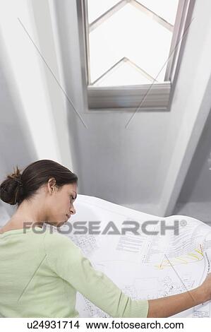 Picture - Young woman holding blueprint, back view. Fotosearch