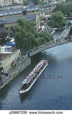 Stock Photo - Aerial view of leisure boat on Regent Canal in Camden Town in London. Fotosearch