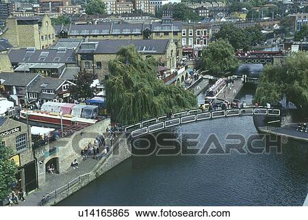 Stock Photography - Aerial view of the Regent Canal and bridge in Camden Town in North London. Fotosearch