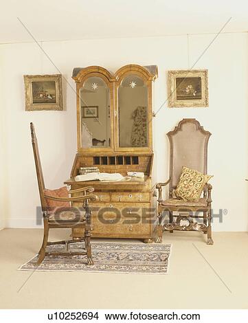 Antique Bureau And High Back Caned Chairs In Study Caned Back Antique Chairs