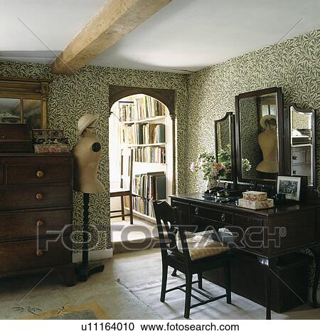 Antique Dressing Table With Triple Mirror In Country Bedroom With Green Willow Pattern William Morris Wallpaper Stock Image U Fotosearch Antique Dressing Table With Triple Mirror In Country Bedroom With Green Willow Pattern William Morris Wallpaper Stock Image U Fotosearch