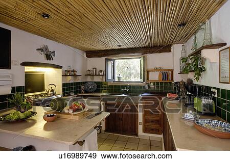 Bamboo ceiling in Mediterranean kitchen View Large Photo Image Stock Photo - Bamboo ceiling in Mediterranean kitchen. Fotosearch