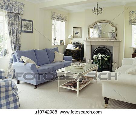 Blue And Cream Sofa In Cream Country Living Room Stock Photo U10742088 Fotosearch