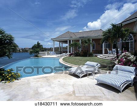 Stock Image - Blue & white striped chaiselongues on terrace of swimming pool on the Caribbean island of Grenada. Fotosearch