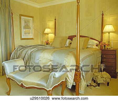 Blue+white striped silk upholstered stool and bedlinen in country bedroom View Large Photo Image Stock Photograph - Blue+white striped silk upholstered stool and bedlinen in country bedroom. Fotosearch