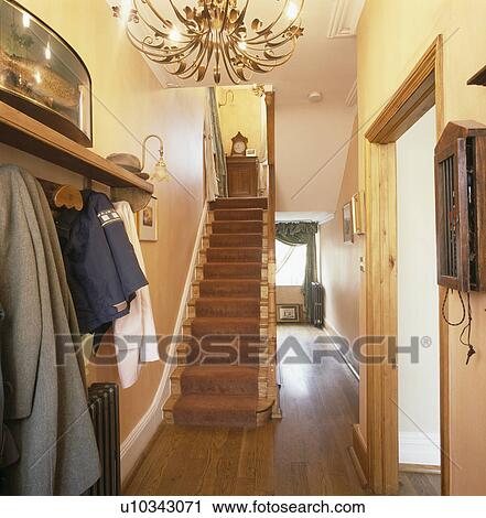 Stock Image - Brown carpet on staircase in yellow hall with wooden flooring. Fotosearch