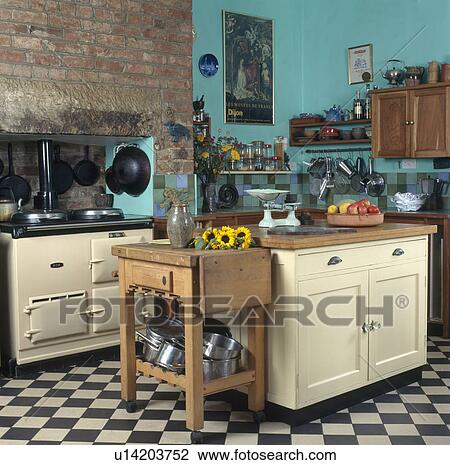 Butcher's block and island unit in turquoise country kitchen with cream Aga oven View Large Photo Image Stock Image - Butcher's block and island unit in turquoise country kitchen with cream Aga oven. Fotosearch