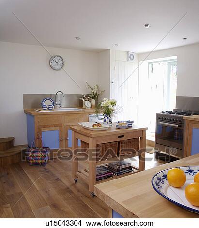 Butcher's block and wooden flooring in white coastal kitchen View Large Photo Image Picture - Butcher's block and wooden flooring in white coastal kitchen. Fotosearch