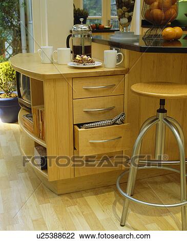 Cafetiere on fitted unit beside breakfast bar with steel and wood stool View Large Photo Image Stock Image - Cafetiere on fitted unit beside breakfast bar with steel and wood stool. Fotosearch