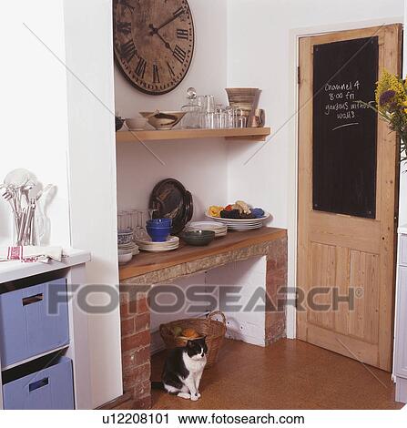Stock Image - Cat sitting below shelves in kitchen with blackboard on door. Fotosearch