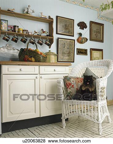 Stock Photo - Cat sitting on cushions on wicker armchair in country kitchen with striped wallpaper and wooden shelves. Fotosearch