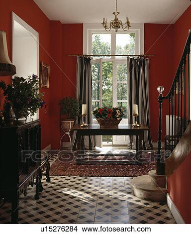 Chequerboard flooring in red traditional hall View Large Photo Image Picture - Chequerboard flooring in red traditional hall. Fotosearch