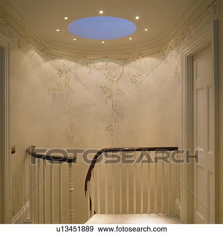 Circular skylight above staircase with hand-stencilled walls View Large Photo Image Stock Photo - Circular skylight above staircase with hand-stencilled walls. Fotosearch