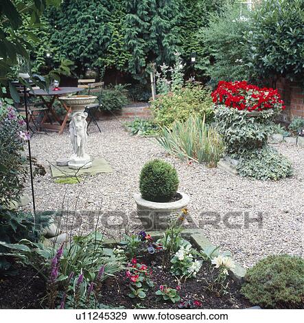 Clipped box in stone urn and small stone birdbath in gravelled townhouse garden with red geraniums in planter  View Large Photo Image Stock Photo - Clipped box in stone urn and small stone birdbath in gravelled townhouse garden with red geraniums in planter . Fotosearch