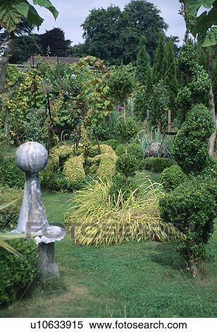 Clipped corkscrew topiary and stone sculpture in garden with topiary tree in bed edged with yellow grasses View Large Photo Image Stock Photography - Clipped corkscrew topiary and stone sculpture in garden with topiary tree in bed edged with yellow grasses. Fotosearch