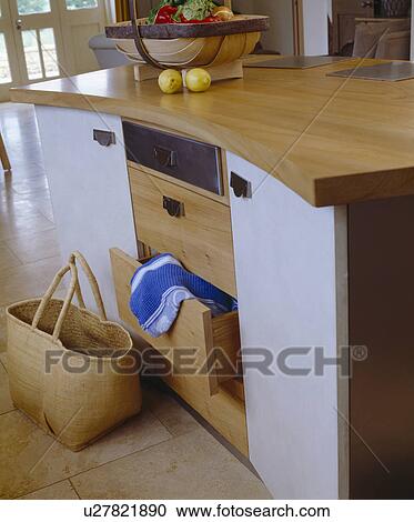 Stock Image - Close-up of basket beside drawers in fitted kitchen unit. Fotosearch