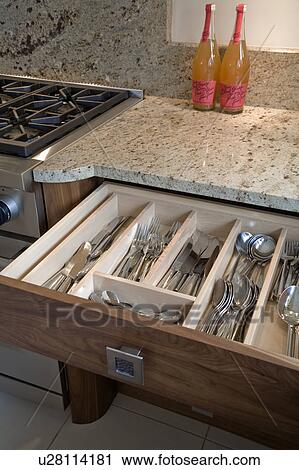 Close-up of beech-lined cutlery storage drawer with pewter handle below granite worktop View Large Photo Image Stock Image - Close-up of beech-lined cutlery storage drawer with pewter handle below granite worktop. Fotosearch