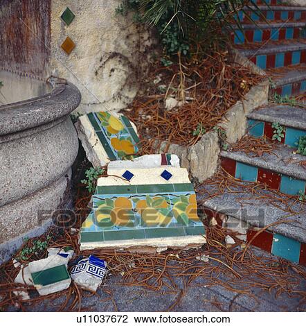 Close-up of broken ceramic tiles and steps View Large Photo Image Stock Image - Close-up of broken ceramic tiles and steps. Fotosearch