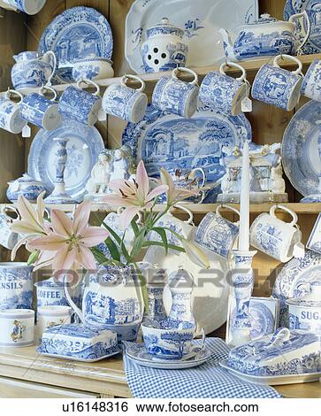 Close-up of collection of blue+white Spode china on dresser shelves View Large Photo Image Stock Photograph - Close-up of collection of blue+white Spode china on dresser shelves. Fotosearch