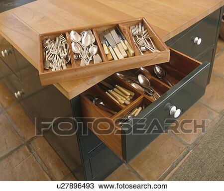 Close-up of cutlery in storage drawers View Large Photo Image Stock Image - Close-up of cutlery in storage drawers. Fotosearch