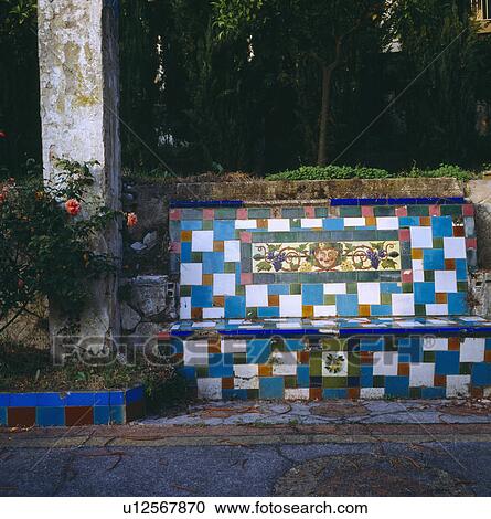 Close-up of decorative Spanish-style ceramic tiled bench View Large Photo Image Stock Image - Close-up of decorative Spanish-style ceramic tiled bench. Fotosearch