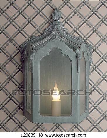 Stock Photo - Close-up of grey-green wall-lantern. Fotosearch
