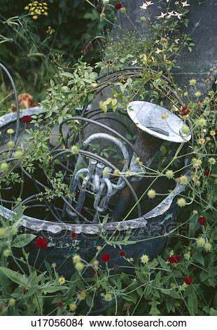 Picture - Close-up of informal sculpture of old trumpet in old metal tub. Fotosearch