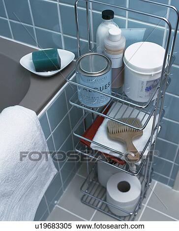 Close-up of modern stainless steel storage shelves in bathroom View Large Photo Image Stock Photography - Close-up of modern stainless steel storage shelves in bathroom. Fotosearch