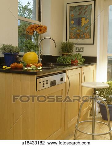 Stock Image - Close-up of modern stool beside fitted dishwasher in kitchen unit. Fotosearch