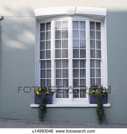Stock Photograph - Close-up of of white bay window with colourful Spring plants in window-boxes. Fotosearch
