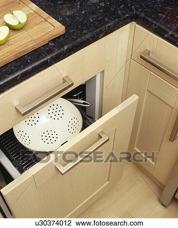 Close-up of open kitchen storage drawer with colander View Large Photo Image Stock Image - Close-up of open kitchen storage drawer with colander. Fotosearch