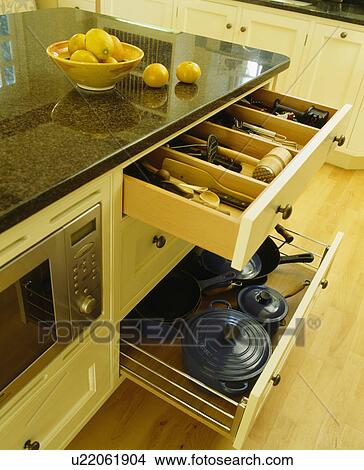 Picture - Close-up of open kitchens storing cutlery and pans. Fotosearch