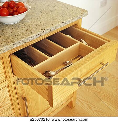 Close-up of pale wood cutlery storage drawer View Large Photo Image Stock Photograph - Close-up of pale wood cutlery storage drawer. Fotosearch