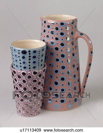 Close-up of patterned ceramic mugs and jug View Large Photo Image Stock Photo - Close-up of patterned ceramic mugs and jug. Fotosearch