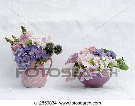Close-up of pink and blue flowers in small jug and bowl View Large Photo Image Picture - Close-up of pink and blue flowers in small jug and bowl. Fotosearch